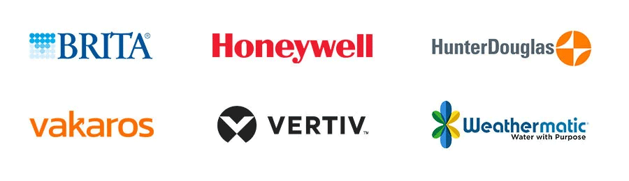 Selection of logos for companies SEACOMP works with, including: Brita, Honeywell, Hunter Douglas, Vakaros, Vertiv, and Weathermatic